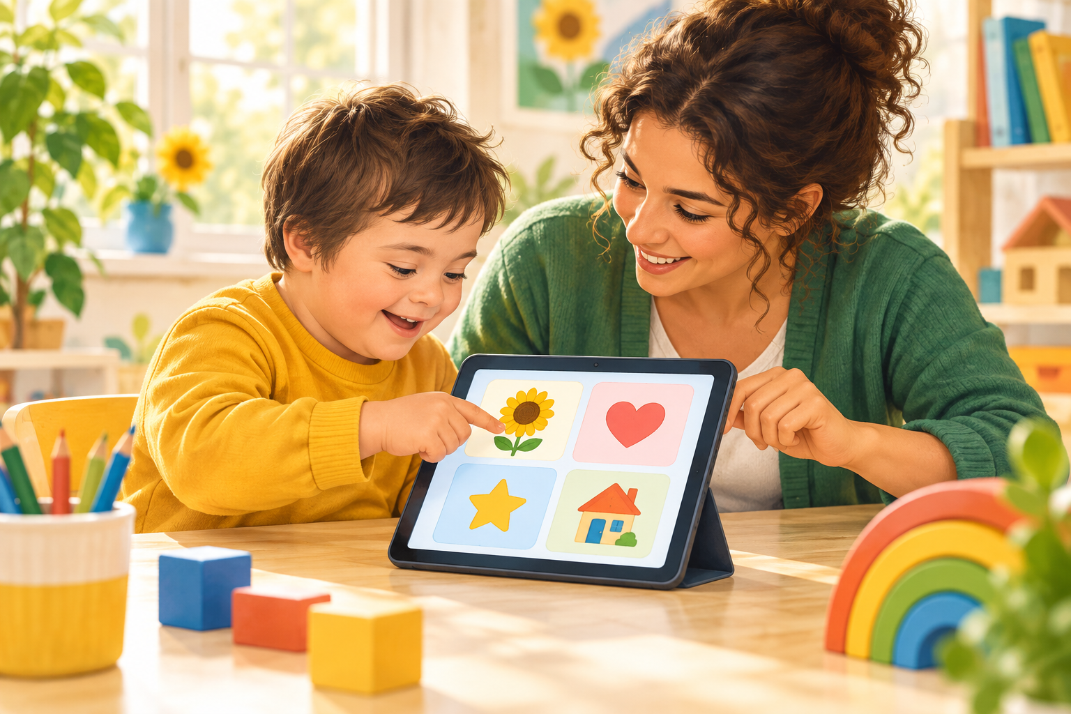 Un bambino e un'educatrice giocano insieme con un'attività illustrata su tablet